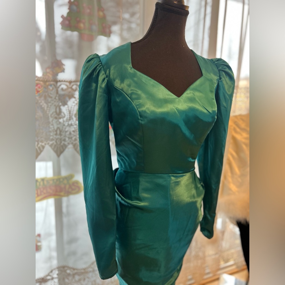 Vintage Nu Mode Teal Satin Dress | Soft Mermaid Silhouette - Picture 3 of 4